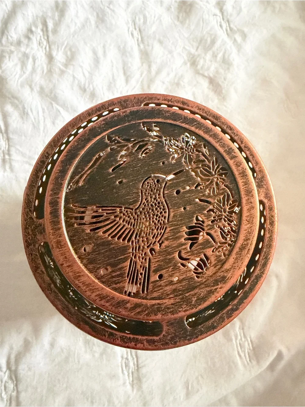 Brand New Copper-Tone Floral & Bird Metal LED Lantern